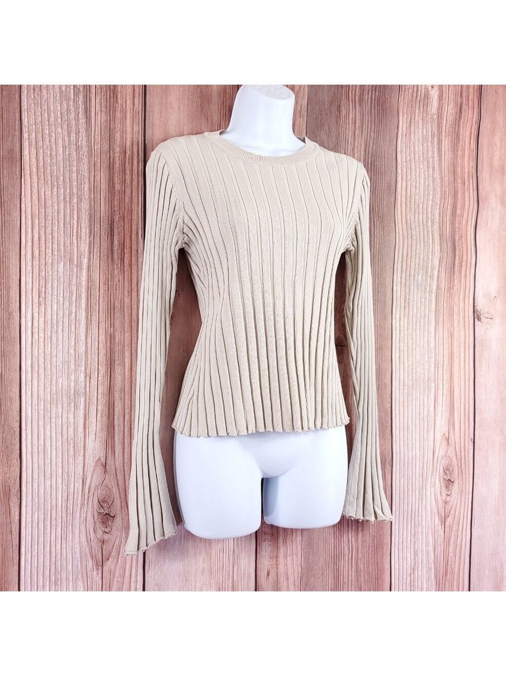 Dissh Womens Small Ada Stone Knit Beige Long Sleeve Ribbed Pullover Sweater Top - Picture 4 of 12